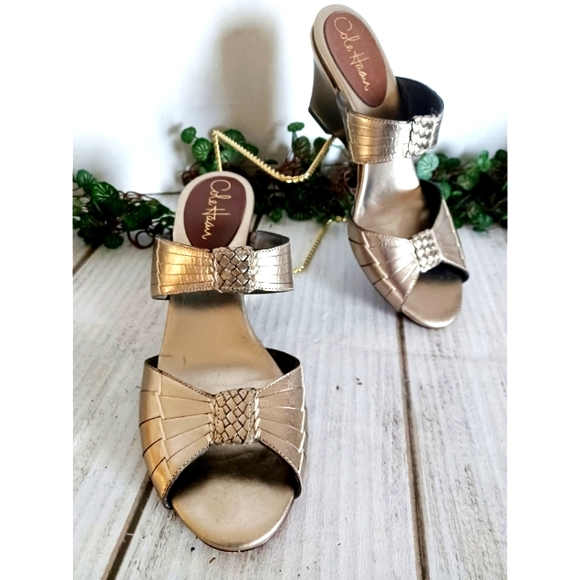 Cole Haan Open Toe Leather Straps Slide On Wedge Sandal - Gold Metallic - Picture 3 of 15